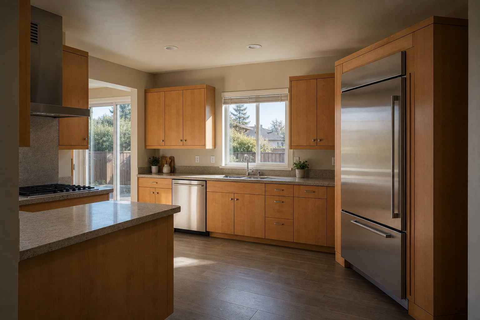 Calm Tri-City family kitchen with a built-in stainless Sub-Zero column in Union City