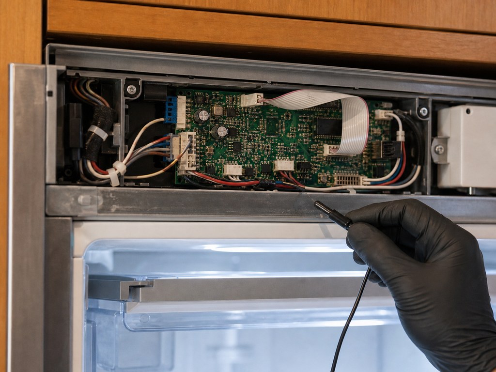 Sub-Zero control board and temperature sensor exposed during electronic diagnostics in a Union City kitchen