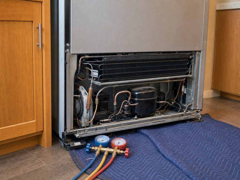 Built-in Sub-Zero pulled out with the rear panel off, exposing the compressor and sealed-system tubing for diagnosis