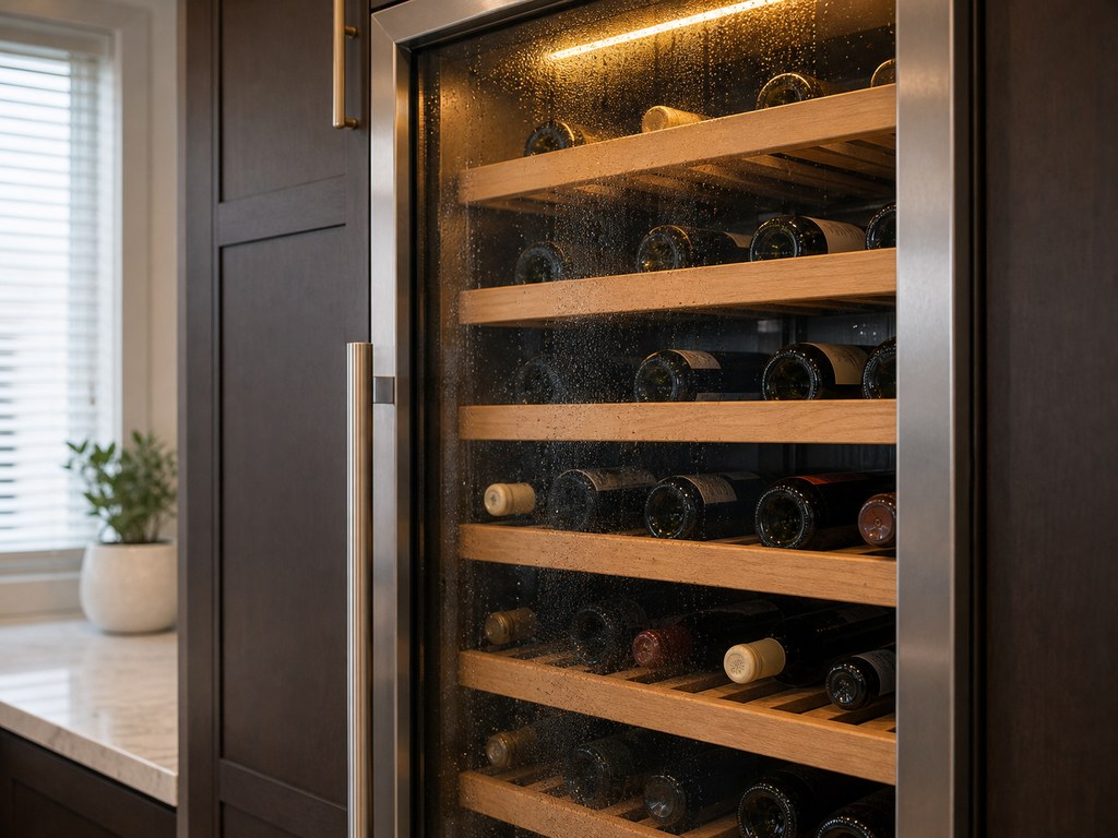 Built-in Sub-Zero wine storage column with bottles on wooden racks in a Union City home