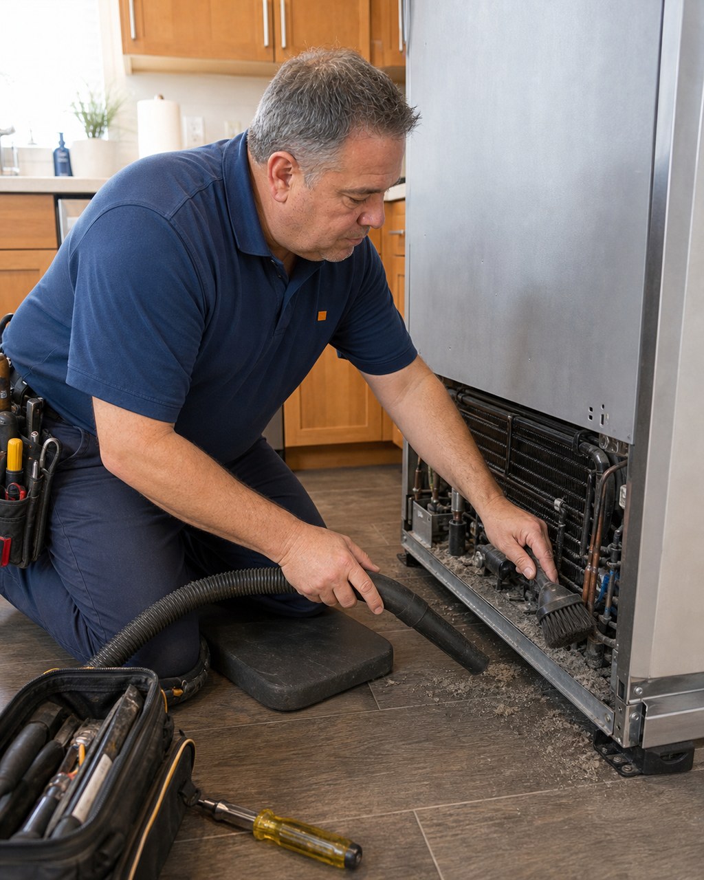 Technician vacuuming dust from the condenser coils at the base of a built-in Sub-Zero during maintenance