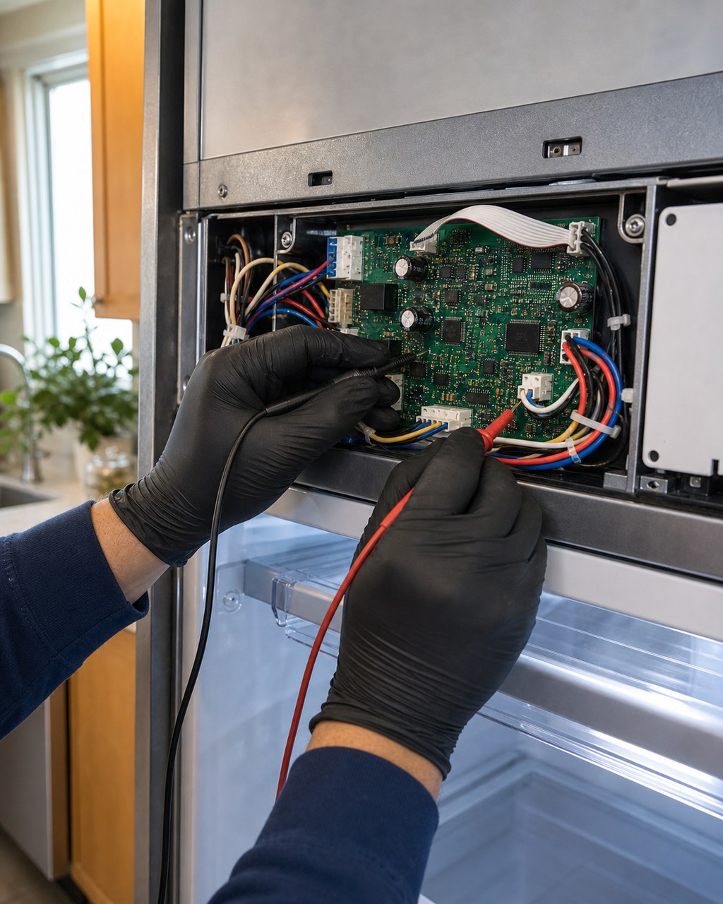Technician testing a Sub-Zero control board with a multimeter probe during a Union City diagnosis