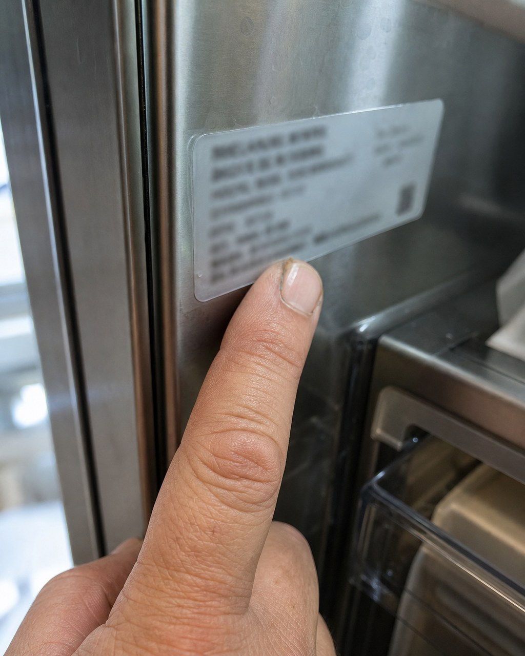 Technician pointing to the model and serial number sticker inside a Sub-Zero refrigerator cavity