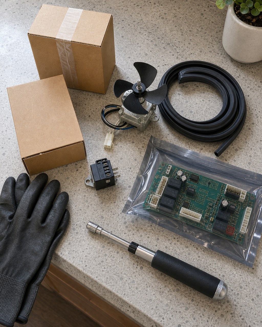 Genuine OEM Sub-Zero parts — fan motor, relay, door gasket and control board — laid out before a Union City repair