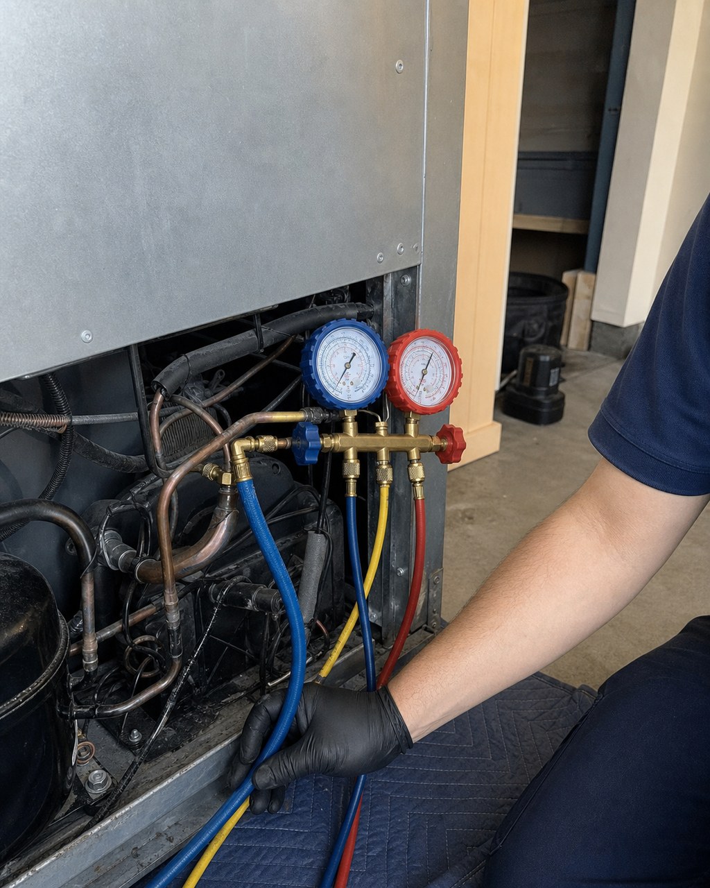 Refrigeration manifold gauges connected to a Sub-Zero sealed system at the back of a pulled-out built-in fridge